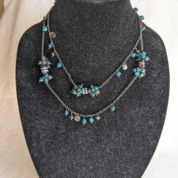 Coldwater Creek Blue Crystal Cluster Gray Silver Beaded Necklace Long - Picture 2 of 8